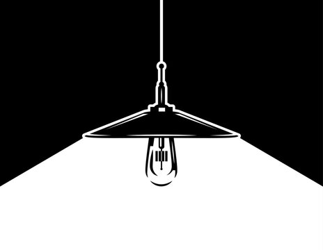 Minimalist Black and White Illustration of a Hanging Industrial Lamp with an Edison Bulb.