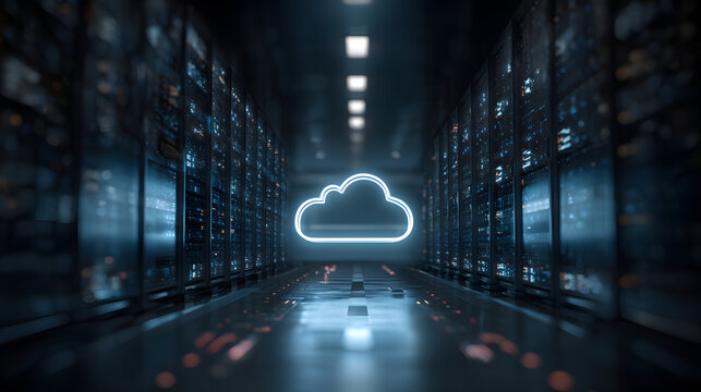 Neon cloud icon in data center aisle glowing above reflective floor, futuristic cloud computing concept with server racks and blue ambient light