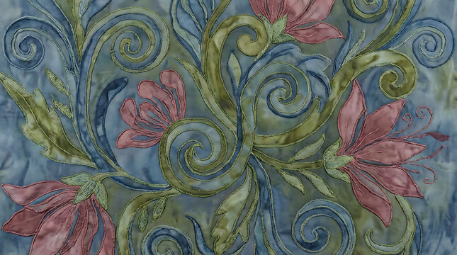 Vibrant floral swirl pattern design with pink flowers and green leaves