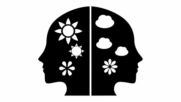 Human face silhouette split into four seasons contrasting sunny and cloudy weather representing changing moods and emotions