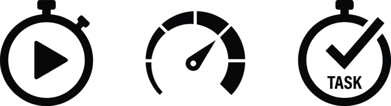 Stopwatch, speed gauge and task completed icons