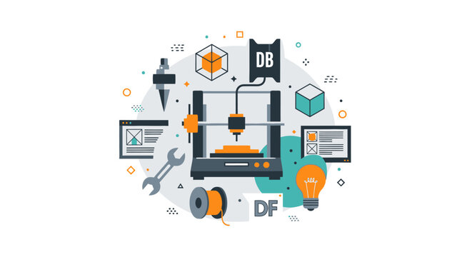 3D Printing and Rapid Prototyping Concept Illustration with Flat Vector Icons for Additive Manufacturing, Engineering Design, and Industrial Innovation