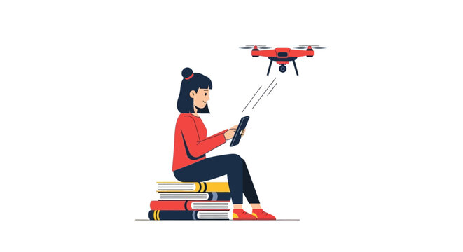 Modern Education Concept: Girl Sitting on Books Controlling a Remote Drone with a Tablet