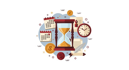 Naklejka premium Time Management and Productivity Concept Illustration with Hourglass, Calendar, Clock, and Financial Symbols for Business and Planning