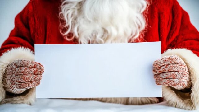Santa Claus Holds Blank Sign: A close-up shot of Santa Claus in his iconic red suit, complete with white beard and fluffy trim, holding a blank white sign ready for a personalized message.
