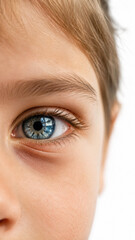 Fototapeta premium Intense Gaze: A close-up shot focuses on a young individual's mesmerizing blue eye, revealing intricate details. It invites the viewer into a moment of pure, innocent observation.