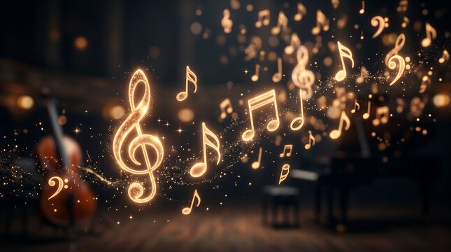 Musicians play instruments with glowing music notes floating around them indoors