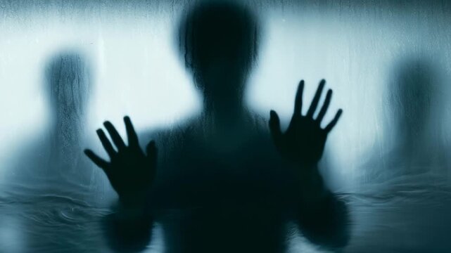 Man moving hands across wet fogged glass in cinematic dark atmosphere
