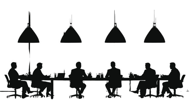 Managers sit under hanging lights at a large table to finalize important business contracts together here.
