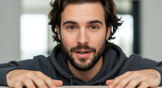 Close up portrait of young bearded man leaning forward looking at camera with surprised expression in gray hoodie modern indoor setting natural lighting authentic human emotion realistic photography.