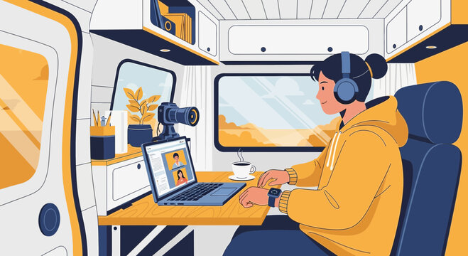 Woman working remotely in camper van using laptop, webcam, and headphones