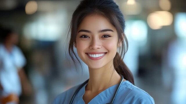 Compassionate Caregiver: A smiling nurse in scrubs, with a stethoscope around her neck, exudes warmth and professionalism, ready to provide dedicated care.