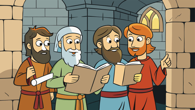 Ancient biblical scene illustration, four wise men reading scriptures in stone archway setting.