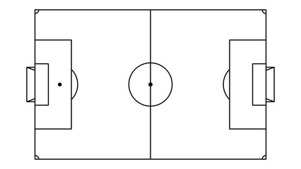 Fototapeta premium Football pitch diagram top view with goal areas and center circle for sports strategy. Editable vector stroke
