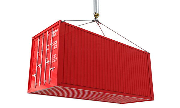 Red shipping container hanging crane hook 3d