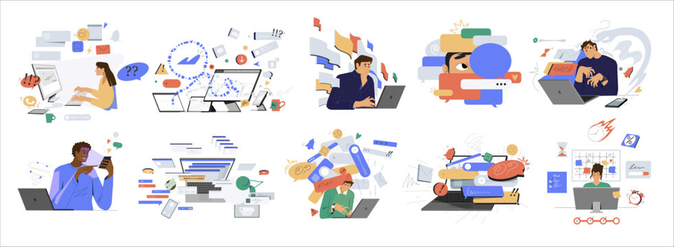 Overloaded workflow concept with laptop and notifications, multitasking stress, productivity burnout, flat vector illustration