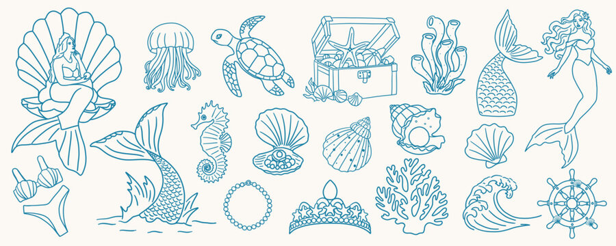 Set of mermaid summer party doodle clipart. Hand drawn whimsical ocean fantasy illustrations with cute mermaids, seashells, pearls, coral, sea creatures, treasure chest.