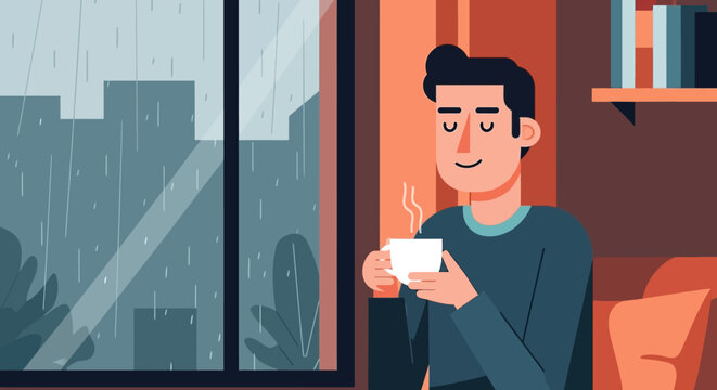 Man enjoying a warm drink indoors on a rainy day.