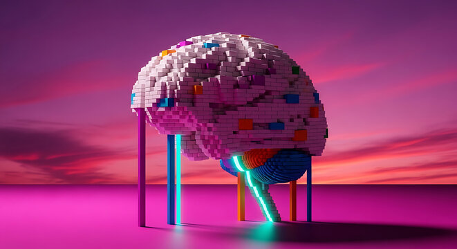 Conceptual digital art depicting a pixelated brain sculpture on vibrant, glowing supports against a dramatic sunset sky