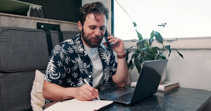 Freelancer, phone call and man on laptop in camper van for tourist guide, copywriting and notes. Remote work, vehicle and person on computer for submission, travel blog or reminder for nomad living