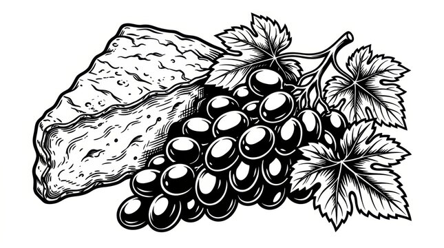 Cheese wedge accompanied by fresh grapes and vine leaves, depicted in a gourmet food composition, black-and-white sketch engraving style vector illustration created with generative AI.