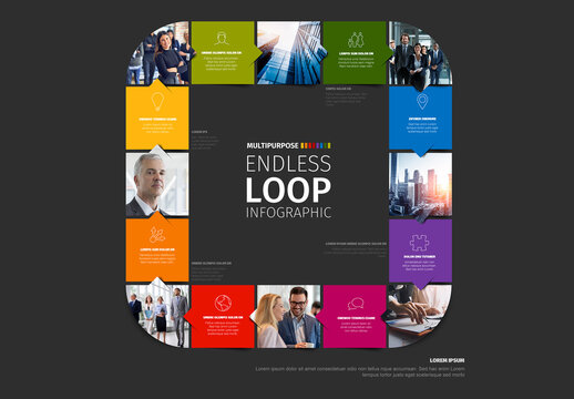 Modern Business Endless Loop Multipurpose Infographic Template with icons, texts and photo placeholders