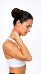 Obraz premium Painful Neck: A woman grimaces in silent agony, hand pressed against her neck, with an overlay illustrating the pain felt in the cervical region, reflecting the struggle of chronic pain.