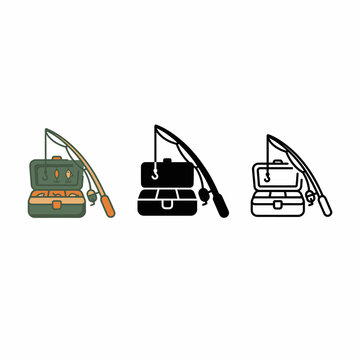 Fishing tackle boxes with rods in different colors and styles for various fishing activities and hobbies