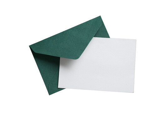 Dark green envelope with blank white note card, elegant mail isolated on transparent background PNG