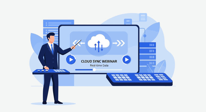 Businessman presenting cloud sync webinar on digital screen with servers and keyboards