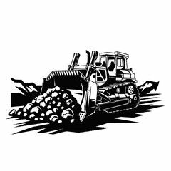 Heavy bulldozer pushing a pile of rocks and dirt on a construction site. © Dalijo