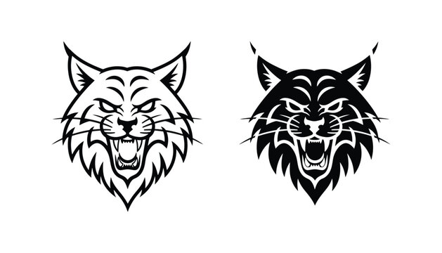 Aggressive bobcat head logo icon set in outline and solid black silhouette styles for sports team branding or wildlife design