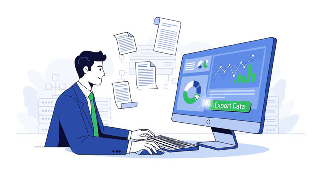 Businessman working on computer, data analysis, digital documents flying around