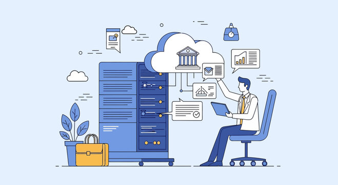Cloud Computing bank server data storage and management, finance technology concept illustration.