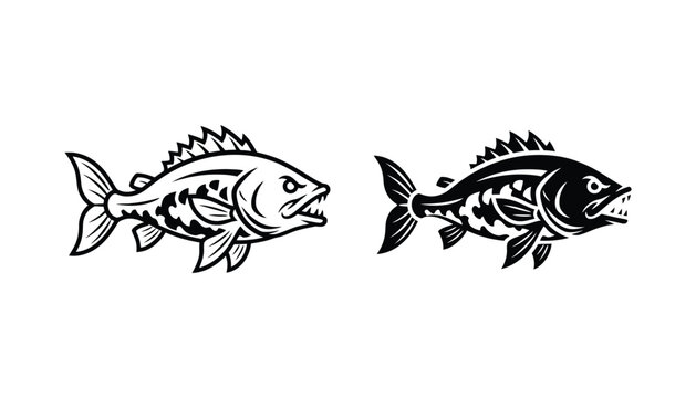 Bass fish illustration set featuring aggressive predatory fish with sharp teeth in outline and solid black graphic styles for fishing and outdoor logos