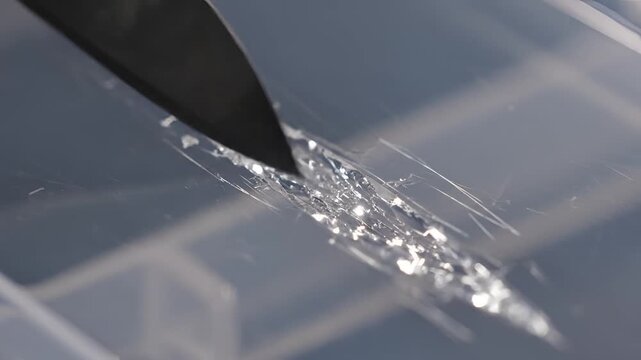 Closeup of a knife cutting through a clear material with glitter.