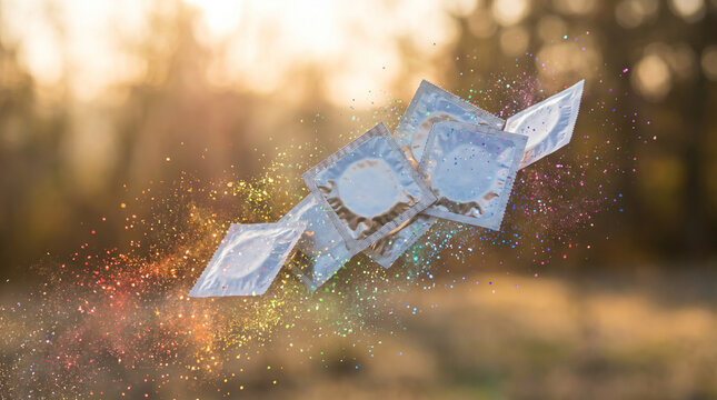 Condom wrappers in silver foil floating with rainbow glitter trail against blurred sunset background, safe sex and pride concept