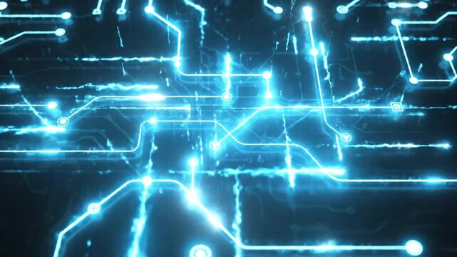 Abstract Digital Circuit Board with Glowing Blue Lines and Data Flow.