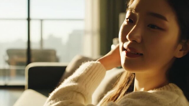 Woman experiencing stress and headache in modern living room with city view