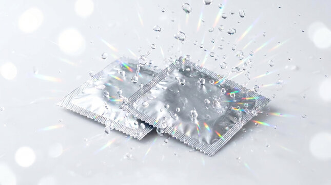 Silver condom packets with water splashes and rainbow light effects for safe sex concept
