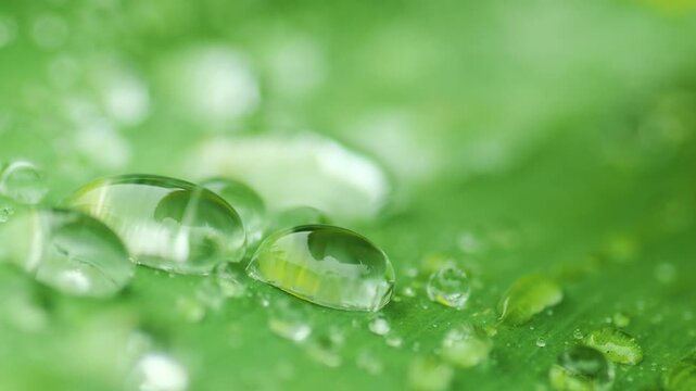 Purity nature background, Raindrops on green leaf with soft creamy bokeh background, Macro shot.