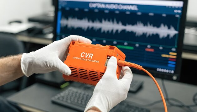 Aviation Accident Analysis, conceptual image of hands wearing gloves holding an orange cockpit voice recorder CVR black box