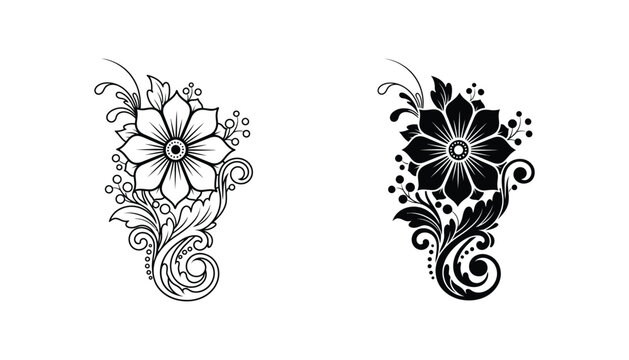 Floral decorative ornament vector illustration in outline and solid black variants for wedding stationary and elegant design patterns