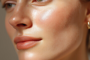 Naklejka premium Glowing dewy cheek close up with natural moisture and smooth skin texture, soft warm lighting highlighting healthy complexion and subtle makeup