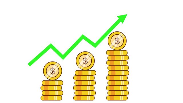 Growing columns and pile of money on white background. Money saving and economy concept animation.
