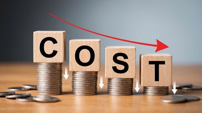 Wooden blocks spelling 'cost' on coin stacks with decreasing height and red arrow pointing right on a wooden table