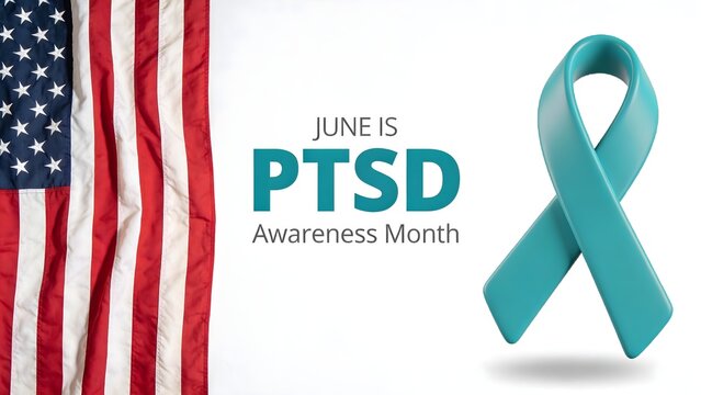 Teal ribbon representing ptsd awareness month displayed alongside the united states flag in this photographic image created to show support for mental health advocacy and healing