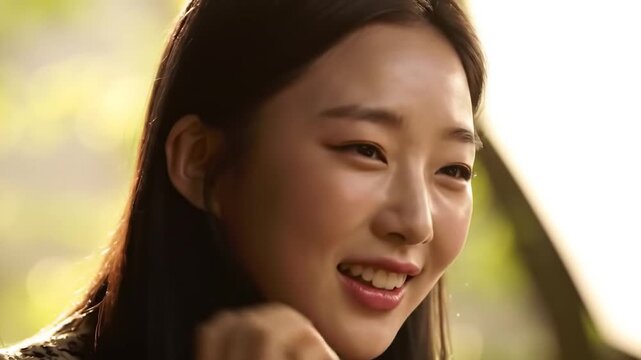Asian woman applying skincare products in a natural outdoor setting with a serene background