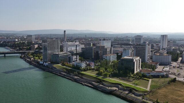 Aerial view of basel cityscape showing modern architecture and rhine river