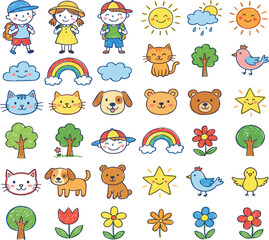 Obraz premium Hand-Drawn Crayon Style Kids Doodles: School Children, Animals, and Nature Icons Set